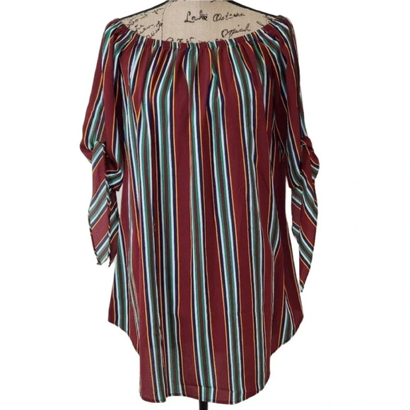 SHEIN Women's Off Shoulder Tie Sleeve Striped Oversized Blouse Size Large Maroon - Picture 1 of 14
